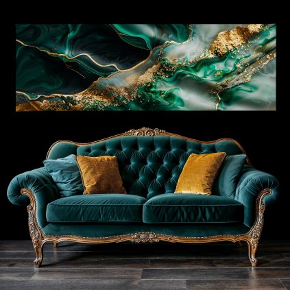 Emeraldové pozlacené vlnky Obraz na plátně zelený luxusní gauč, černá zeď