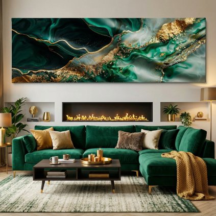 Emeraldové pozlacené vlnky Obraz na plátně zelený gauč krb