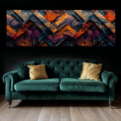 Vlnitý záblesk hlubin Obraz na plátně zelený moderní luxusní gauč, černá zeď