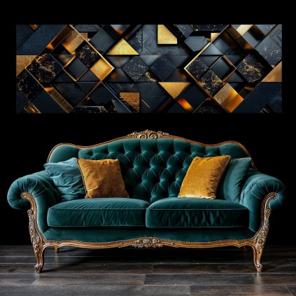 Zlaté doteky ticha Obraz na plátně zelený luxusní gauč, černá zeď