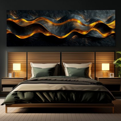 Svítící vlny pohlazení Obraz na plátně černá zeď, postel, hranaté lampy