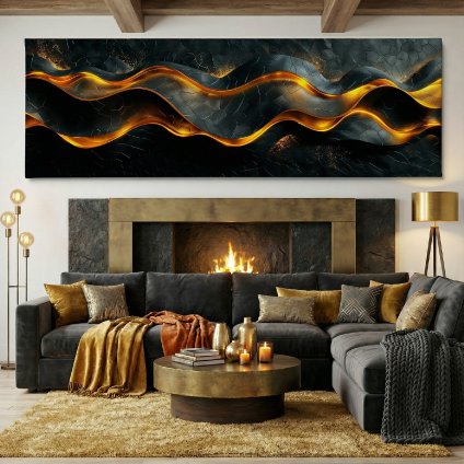 Svítící vlny pohlazení Obraz na plátně tmavý zlatavý krb