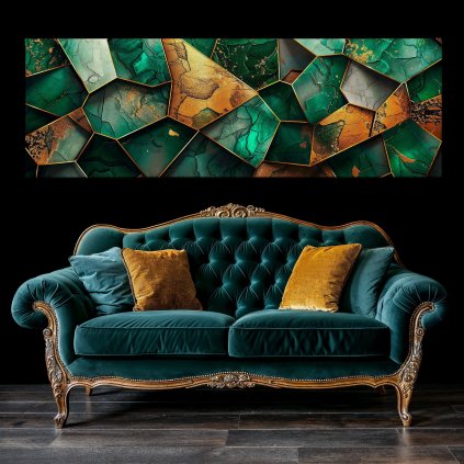 Smaragdový kontakt jemnosti Obraz na plátně zelený luxusní gauč, černá zeď