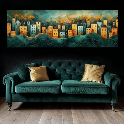 Krásné pozdravy z Verdeville Obraz na plátně zelený moderní luxusní gauč, černá zeď