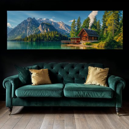 Chladný podvečer v jezerní chatě Obraz na plátně zelený moderní luxusní gauč, černá zeď