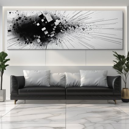 Záblesk temnoty Obraz na plátně černý gauč, bílá zeď se světelným rámem