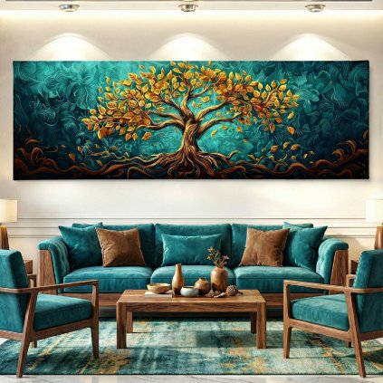 Strom života Zlatý dotek Obraz na plátně zelený moderní luxusní gauč, bílá zeď