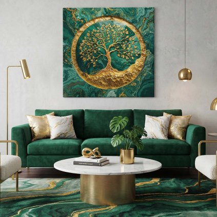 Strom života Zlatá mramorová Odyssea zelená obraz na plátně luxusní zelený gauč2
