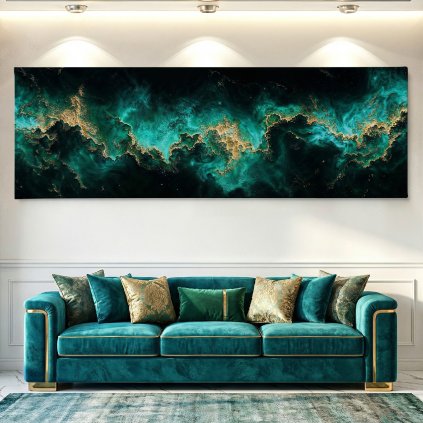 Na vlnách zlatého prachu Obraz na plátně zelený gauč, bílá zeď