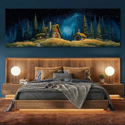 Obraz na plátně modrá ložnice, postel, kulaté lampy