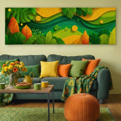 Orosené listy Obraz na plátně zelený gauč, limetka polštáře