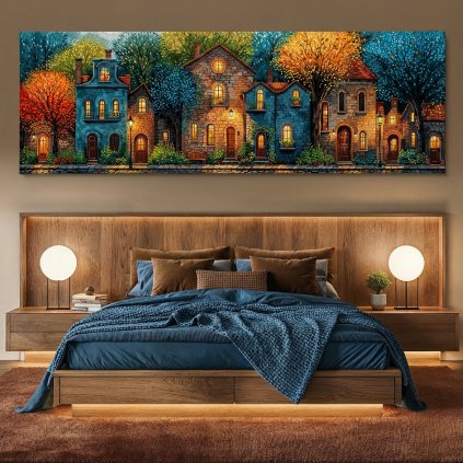 Večerní teplo ve starém Dijonu Obraz na plátně hnědá ložnice, postel, kulaté lampy2