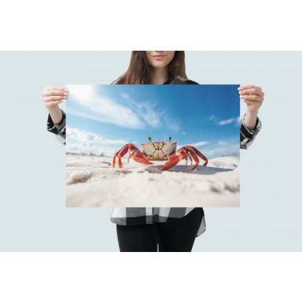 mockup of a woman holding a horizontal poster at a studio 1320 el