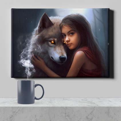 Obraz na plátně - Dívka a její nejlepší přítel vlk (Velikost obrazu 90 x 60 cm)