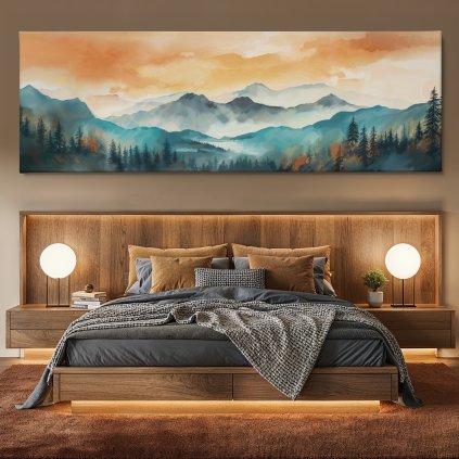 Východ slunce v mlhou zahalených horách Obraz na plátně hnědá ložnice, postel, kulaté lampy