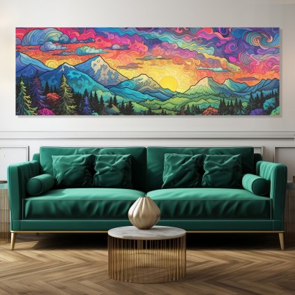 01 obraz na platne zapad slunce barevny psychedelicky hory lesy
