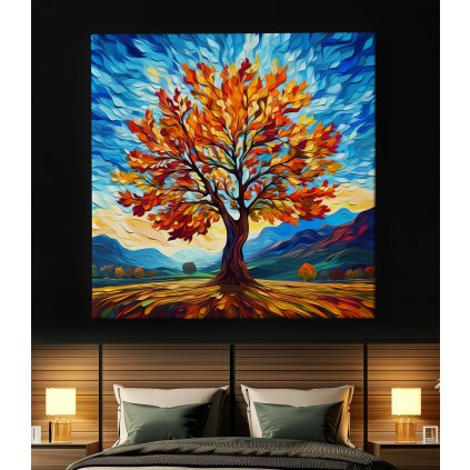 Strom života podzim na obzoru obraz na plátně postel s hranatými lampičkami, noc