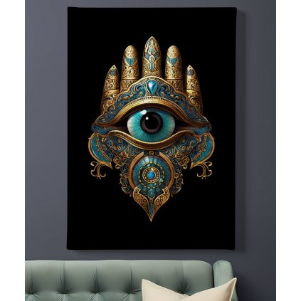 01 7666 hamsa kosmicka zlata ruka fatimy hand symbol pet prstu obraz na platne