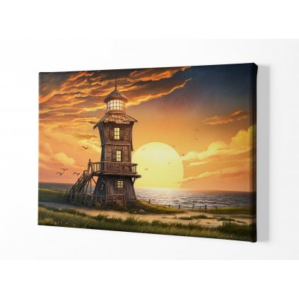 01 7960 dreveny majak lighthouse zapad slunce trava more vlny obraz na platne