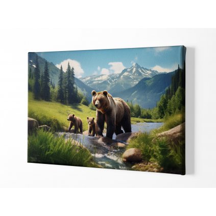 01 8008 medved hnedy grizzly rodina reka voda mlade priroda hory obraz na platne