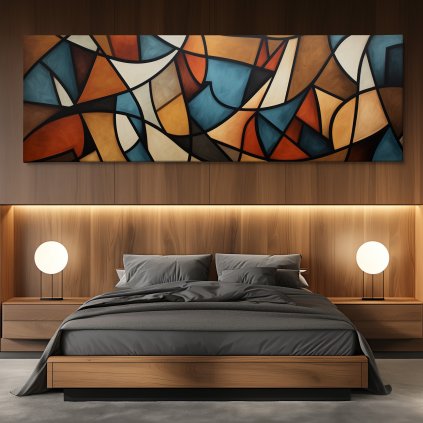 Podzimní soumrak, Abstrakce Obraz na plátně dřevěná zeď, postel, kulaté lampy