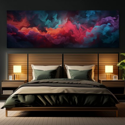 Hořící oblaka, Abstrakce 8736 Obraz na plátně černá zeď, postel, hranaté lampy