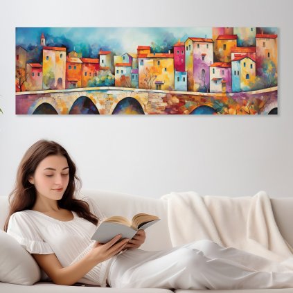 02 most mesto domy reka abstrakce abstraktni kubismus obraz na platne