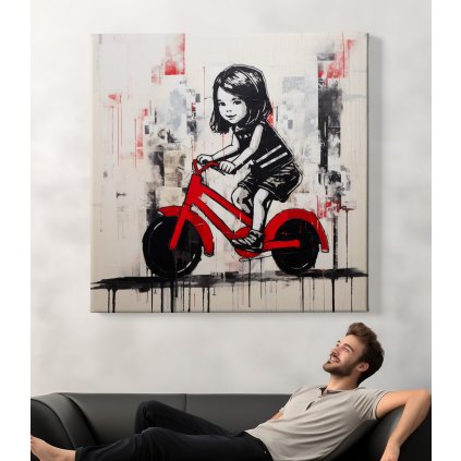 01 obraz na platne divka holka cervene kolo banksy styl street art graffiti