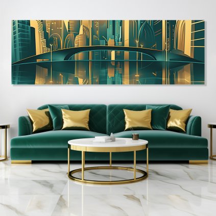02 moderni luxusni mesto velkomesto most art deco abstrakce zelena zlata obraz na platne