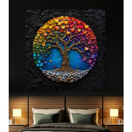 02 obraz na platne strom zivota barevne srdce kameny duchovni abstrakce