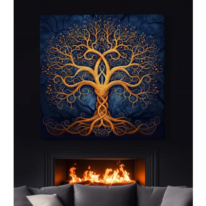 02 obraz na platne strom zivota zlata modra abstrakce vetve koreny