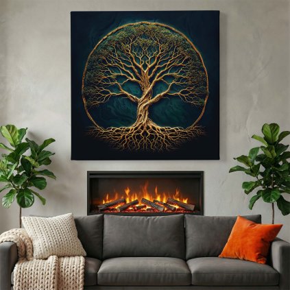 obraz na plátně krb, dvě kytky, emeraldový sen