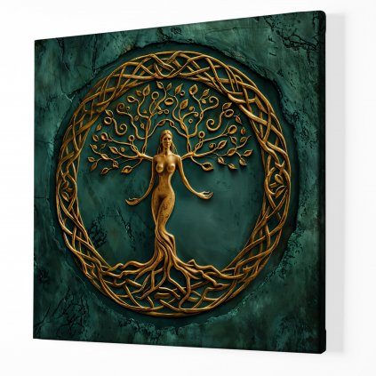 Strom života Zlatá žena Yggdrasil, emerald, zlato ,Obraz na plátně perspektiva