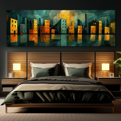 Colchester usíná Obraz na plátně černá zeď, postel, hranaté lampy