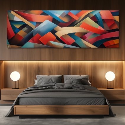 Kubistická rapsodie Obraz na plátně dřevěná zeď, postel, kulaté lampy