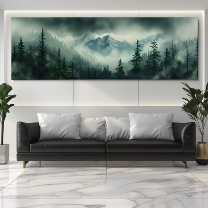 Deštivé zakaboněné hory Obraz na plátně černý gauč, bílá zeď se světelným rámem