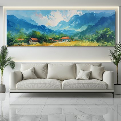 Malá vesnička skrytá pod horami Obraz na plátně bílý gauč, bílá zeď se světelným rámem