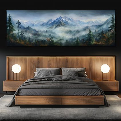 Hory a lesy v mlžné kaši Obraz na plátně černá zeď, postel, kulaté lampy