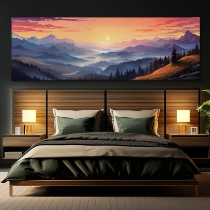 Letní krajina s kopečky v mlze Obraz na plátně černá zeď, postel, hranaté lampy