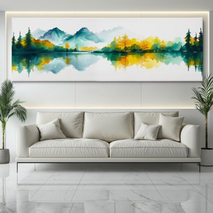 Hory a lesy u jezera Motino Obraz na plátně bílý gauč, bílá zeď se světelným rámem