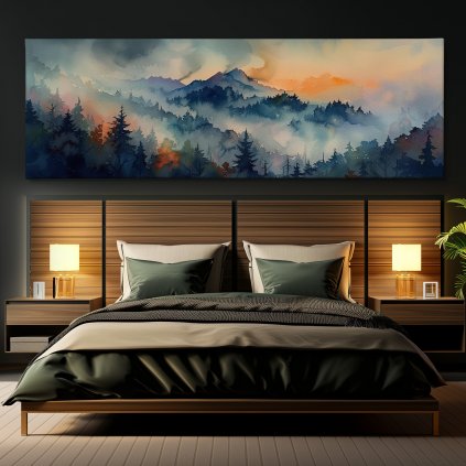 Úsvit v mlžných lesy Obraz na plátně černá zeď, postel, hranaté lampy