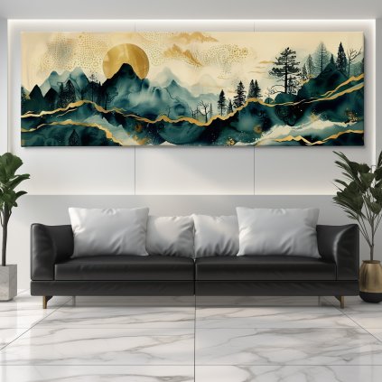 Zlaté horské štíty Obraz na plátně černý gauč, bílá zeď se světelným rámem