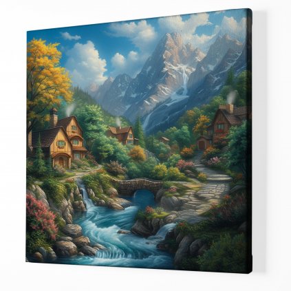 Alpská říčka s domy ,Obraz na plátně perspektiva