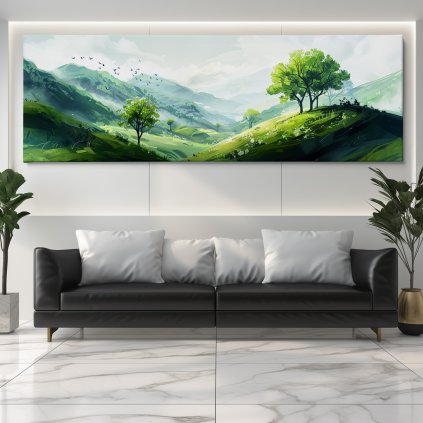 Kopečky s osamělými stromečky Obraz na plátně černý gauč, bílá zeď se světelným rámem
