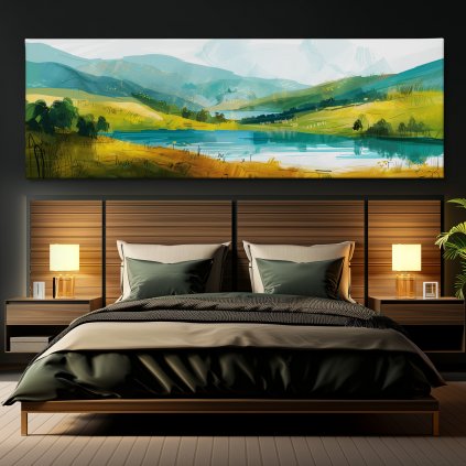 Jezírko skryté v kopcích Obraz na plátně černá zeď, postel, hranaté lampy