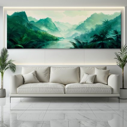 Říčka v údolí tropických lesů Obraz na plátně bílý gauč, bílá zeď se světelným rámem