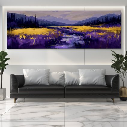 Zlatavé pole v kraji Deep Purple Obraz na plátně černý gauč, bílá zeď se světelným rámem