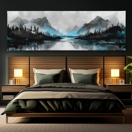 Magické mlhy na břehu Orense Obraz na plátně černá zeď, postel, hranaté lampy
