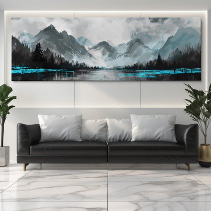 Horskými odleky na hladině Zult Sea Obraz na plátně černý gauč, bílá zeď se světelným rámem