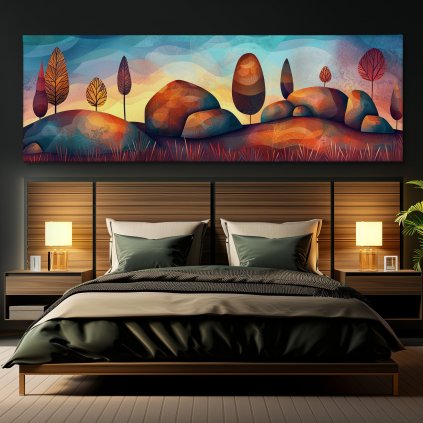 Nanukové stromy mezi skalami Obraz na plátně černá zeď, postel, hranaté lampy